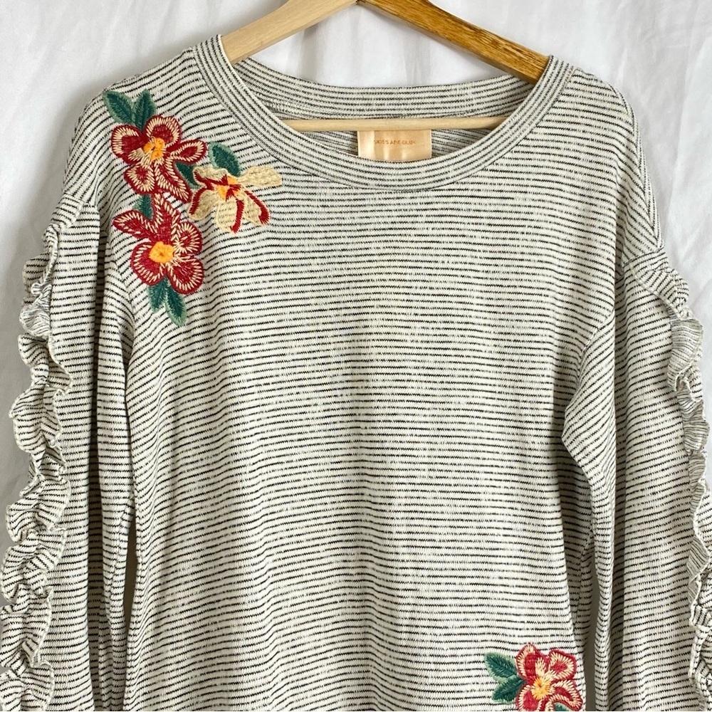 Skies Are Blue Womens Knit Top Stripe Embroidered Ruffle Pullover Shirt Size XS - Picture 13 of 16